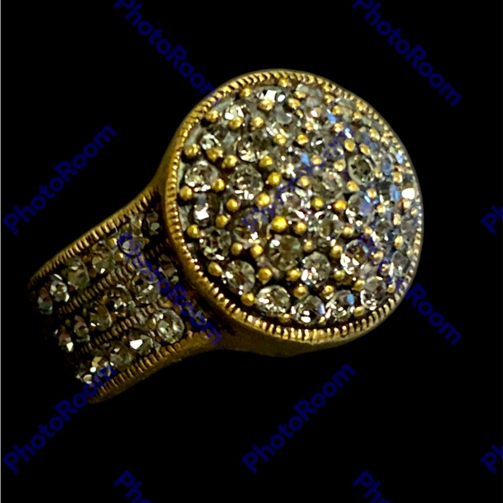 Heidi Daus Belgium Disc Crystal Brass Tone Champagne Cocktail Ring Size 6